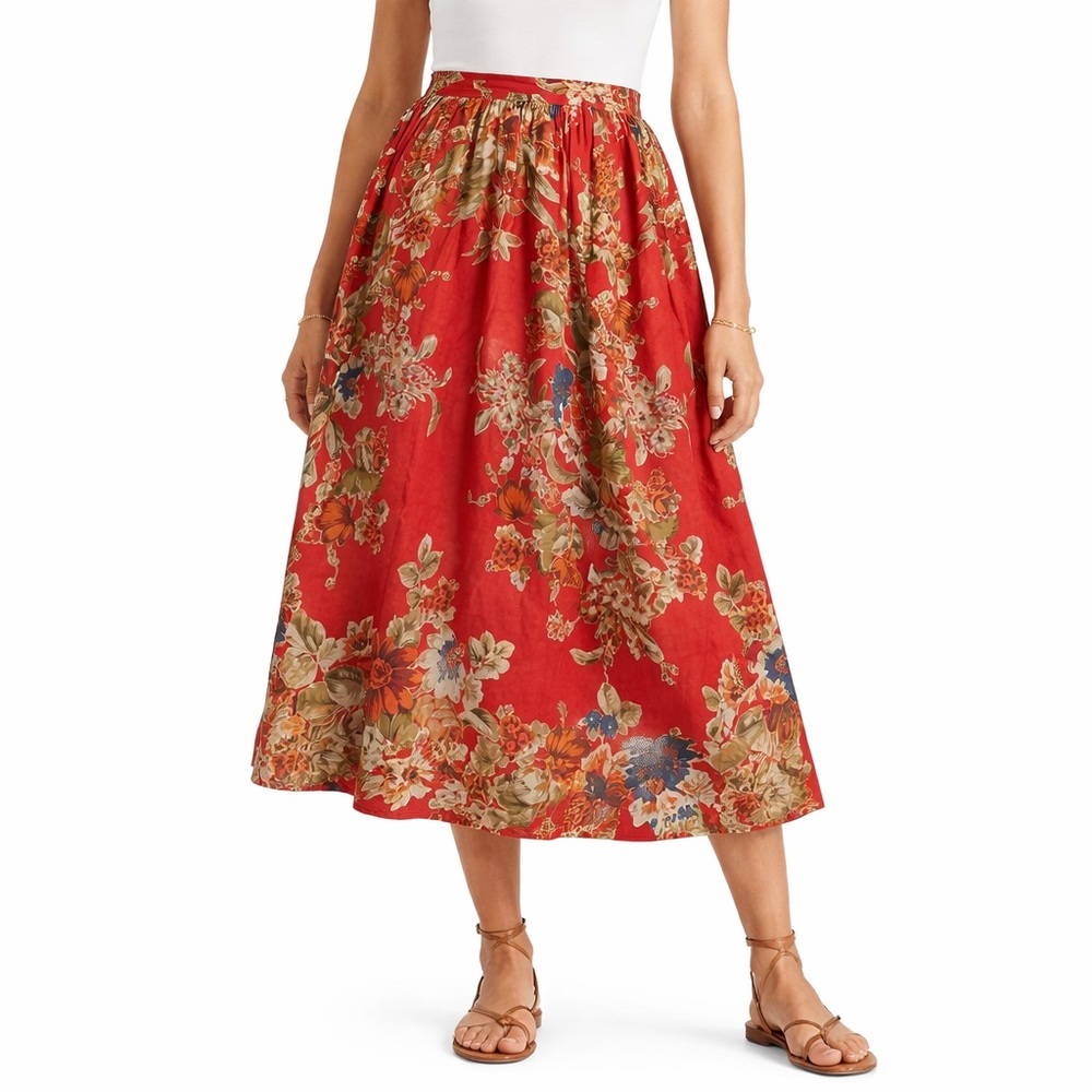 Ralph Lauren Red Floral A-Line Midi Skirt Size 6 Vintage